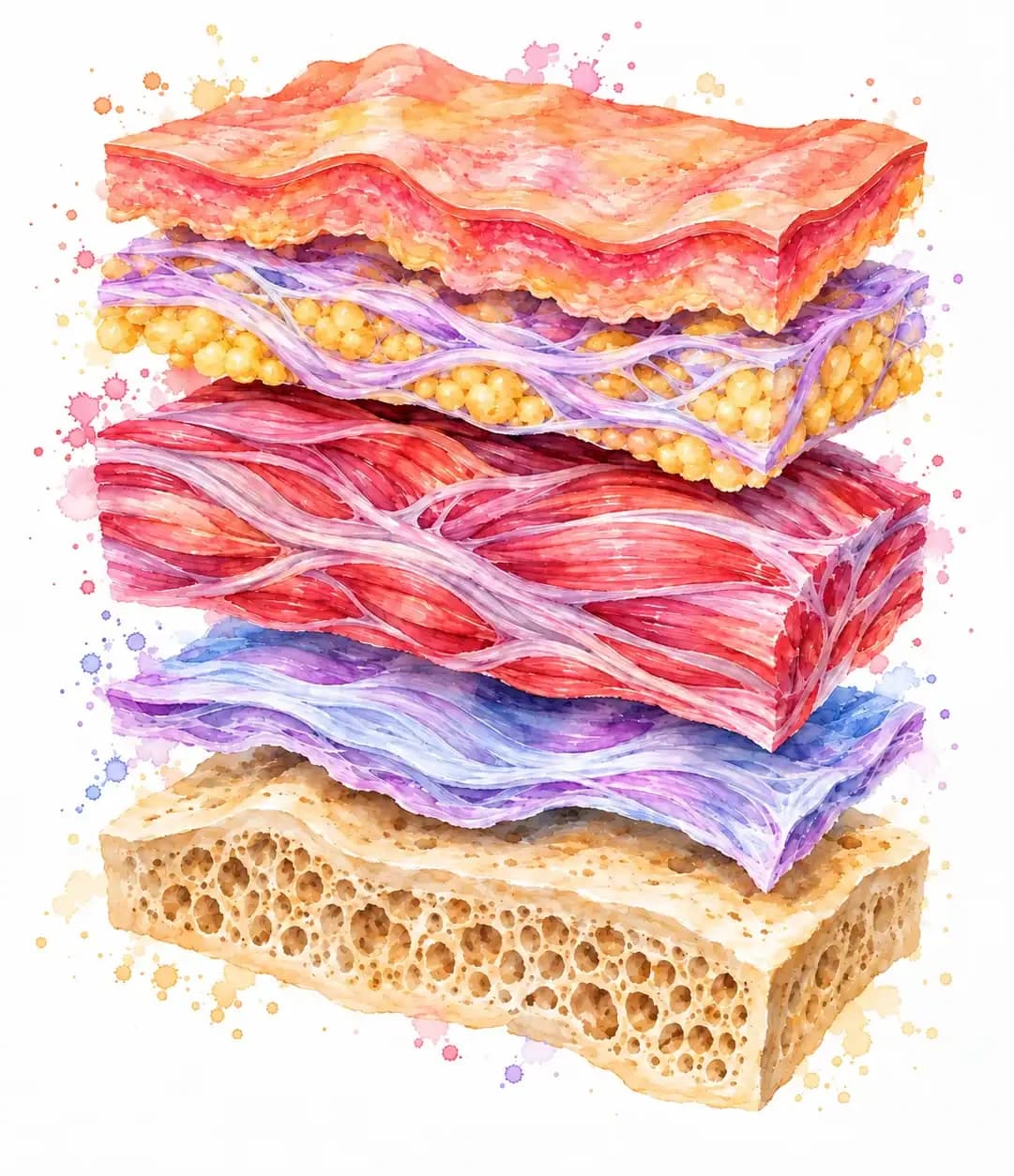 Illustration of five stacked tissue layers: skin, superficial fascia, muscle, deep fascia and bone.