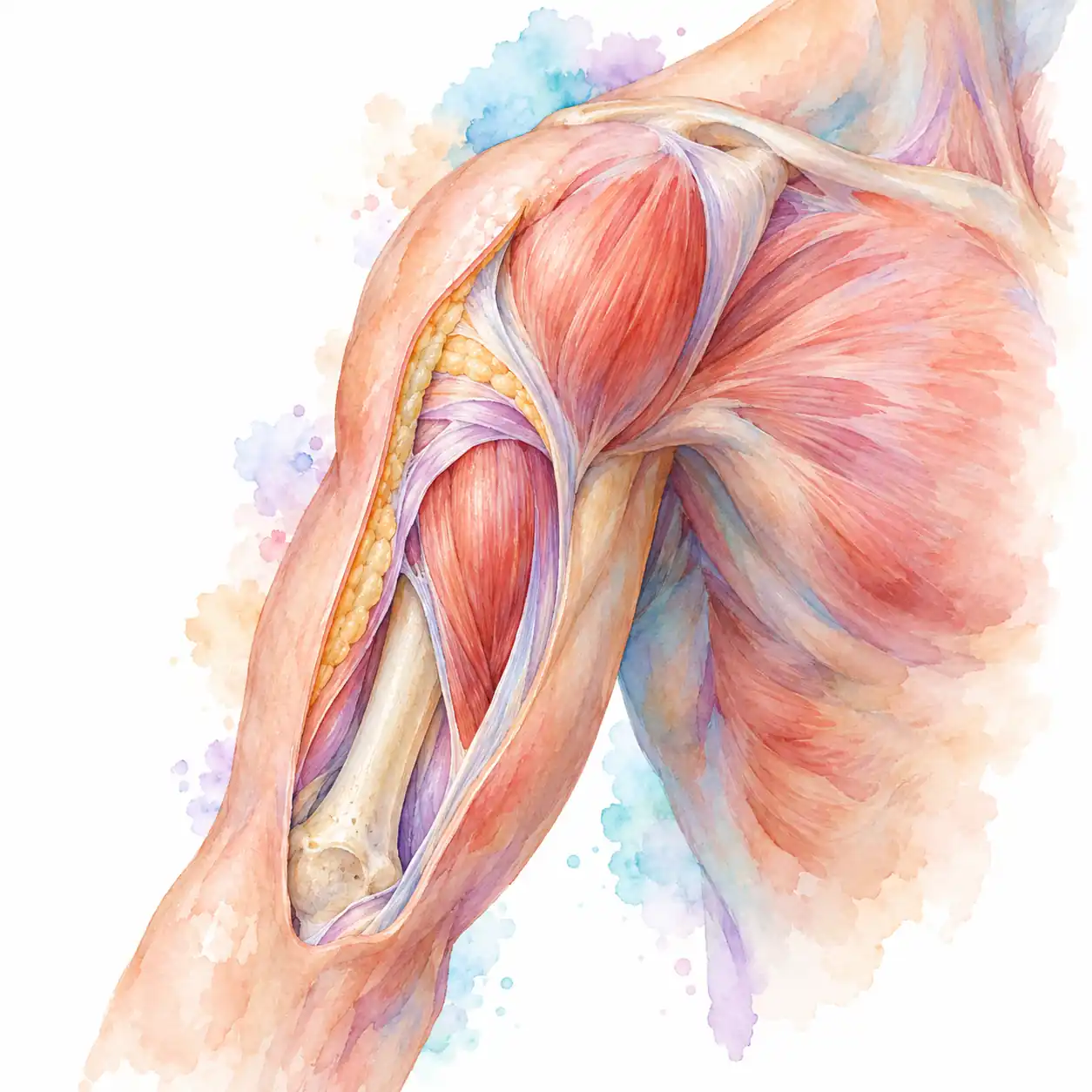 A watercolour image of an anatomical shoulder cutaway, revealing muscle, fascia and bone.